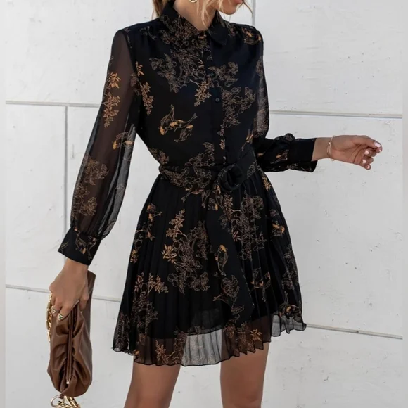 NEW Sheer Floral Print Chiffon Pleated Short Dress Long Sleeve Black - Picture 3 of 7